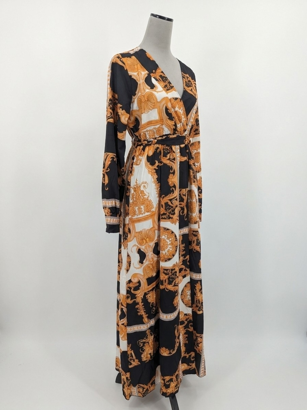Baroque Print Belted Maxi Dress L Black Gold White Long Sleeve